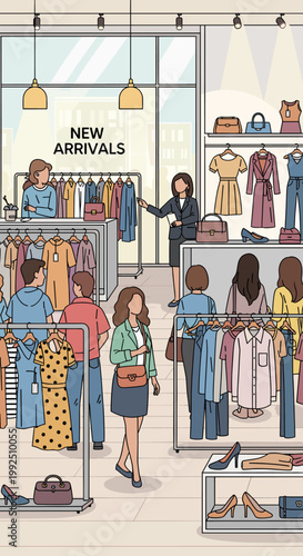 A vibrant illustration of a busy clothing store with customers browsing racks of apparel and sales assistants helping shoppers.