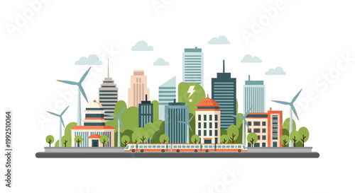 Modern eco friendly city skyline with wind turbines and urban architecture. EPS Editable. Vector Illustrations.