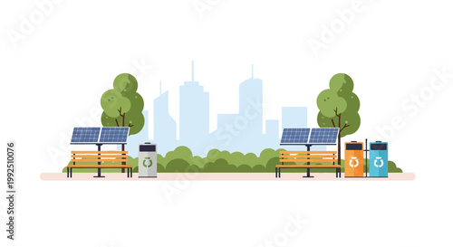 Modern eco friendly park furniture with solar panels and recycling bins. EPS Editable. Vector Illustrations.