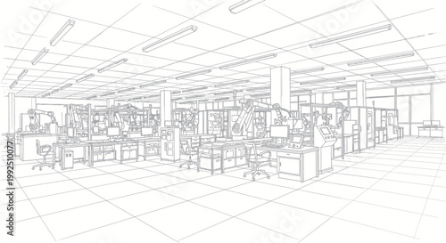 Modern Office Interior Design Sketch with Cubicles and Desks.