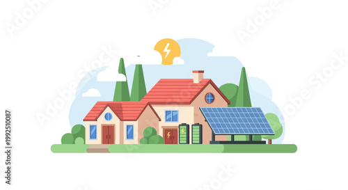 Modern eco friendly residential house with solar energy panels and storage battery system. EPS Editable. Vector Illustrations.