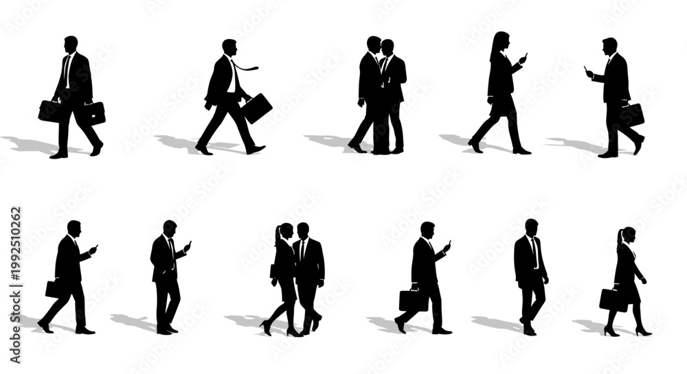 Obraz premium collection of business people silhouettes walking communicating and using smartphones on a white background.