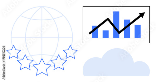Business growth, global analytics, data success, cloud computing, quality rating, digital transformation. Rising graph with bar chart, globe stars cloud. Business growth and global analytics theme
