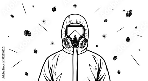 worker in hazmat suit and respirator mask surrounded by asbestos and hazardous materials depicting chemical safety measures.