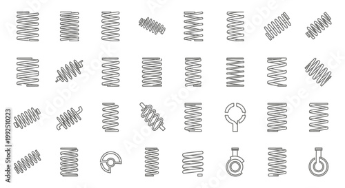 a collection of various spring coils and mechanical components in a linear grid pattern