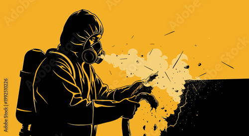 worker in a protective suit and gas mask performing asbestos removal and demolition causing a surface to crumble illustrating industrial safety and remediation.