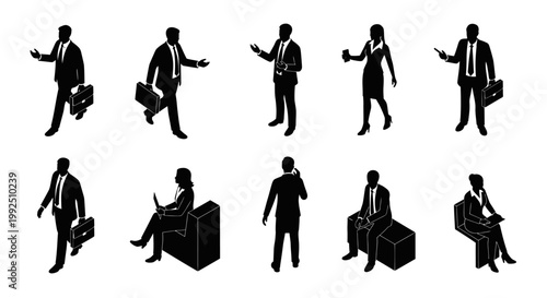 business people silhouettes in suits with briefcases and on phones seated and standing