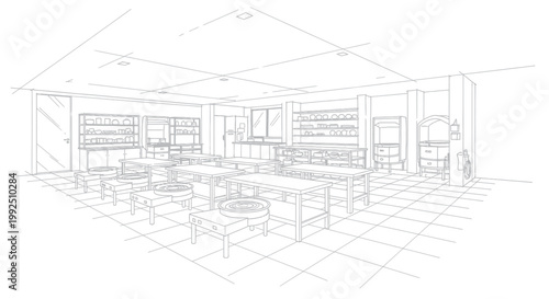 Modern Office Interior Design Sketch with Furniture and Layout.