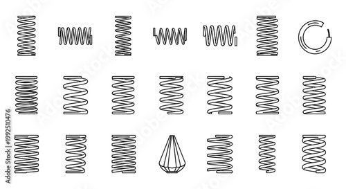 collection of various metal spring coils and a conical spring for industrial and mechanical applications