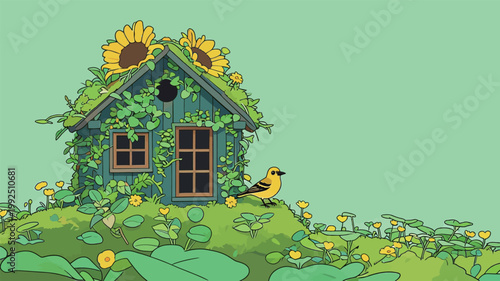 Colorful birdhouse with sunflowers and yellow bird sits among green plants in bright setting during daytime