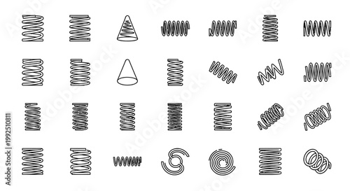 spring coils and compression springs illustrated as a simple outline icon set for mechanical engineering and industrial design.