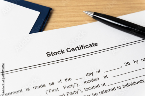 Legal document Stock Certificate on paper close up with pen