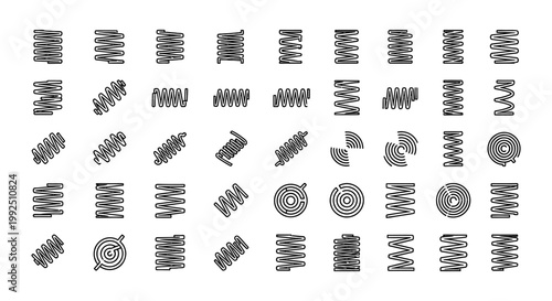 vector set of diverse spring coil icons including mechanical and helical types ideal for industrial design and engineering.