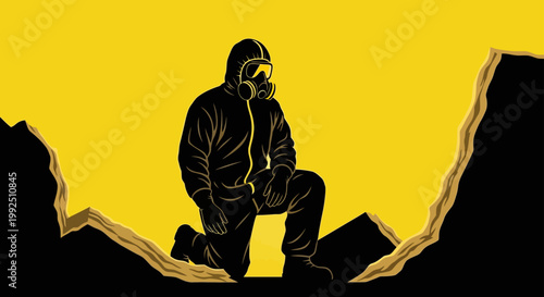 a hazmat suit-clad emergency responder kneels surveying a hazardous environment emphasizing public safety and environmental protection.