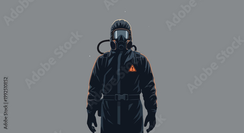 a person in a full protective hazmat suit with a warning symbol and glitch effect illustrating danger and virus protection.