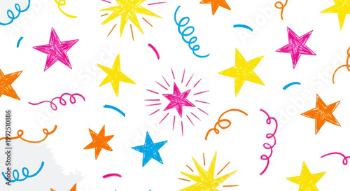 a vibrant colorful hand-drawn stars and playful doodles seamless pattern perfect for a festive background.