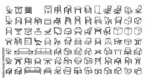 collection of furniture outlines for interior design and floor plans ideal for architectural symbols and schematic elements.