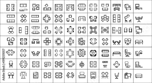 comprehensive set of architectural furniture symbols top view vector icons for interior design and floor plans.