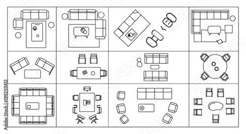 top view architectural furniture symbols set illustrating diverse interior design floor plan icons for CAD plans.