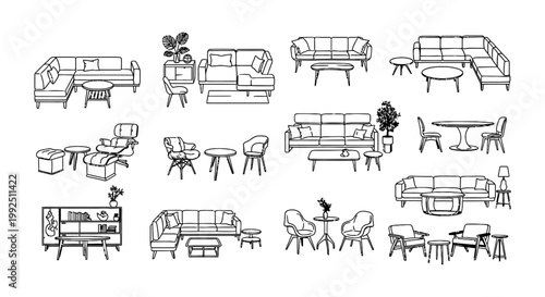 various furniture layout vector illustrations for interior design and floor plans showcasing home decor arrangements for architects and designers.