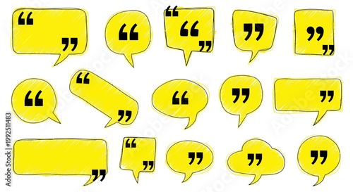 yellow speech bubbles with quotation marks in a hand-drawn doodle style ideal for communication and testimonial designs.