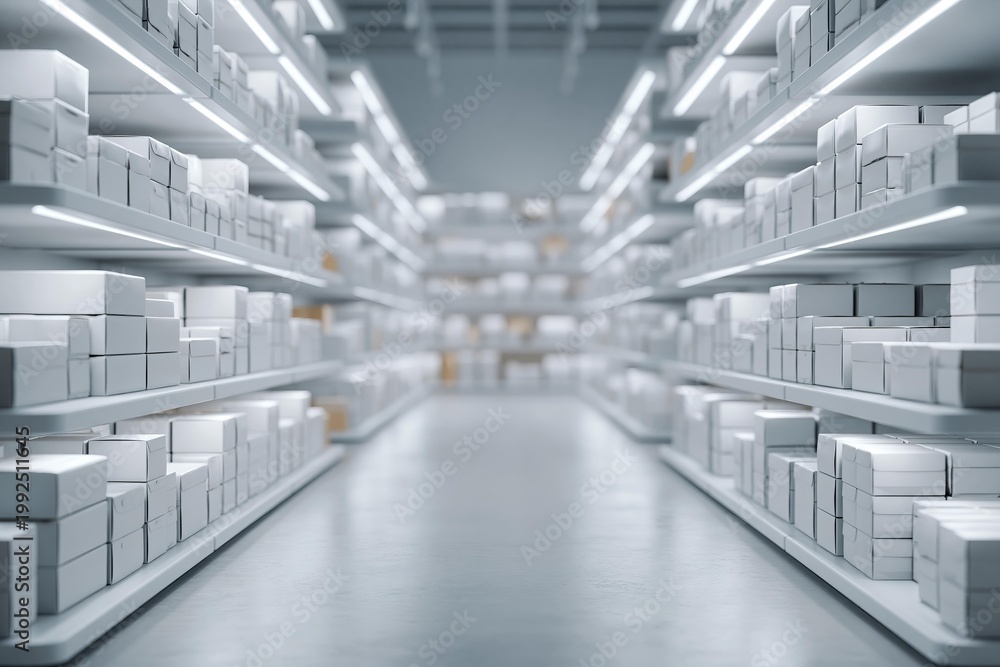 Obraz premium Organized warehouse aisle with rows of white boxes on shelves
