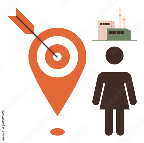 Business strategy, gender equality, industrial growth, production planning, efficiency, workplace inclusion. A location pin with an arrow, a figure and a factory. Business strategy and gender