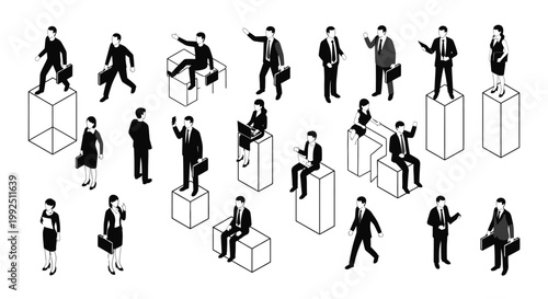 isometric black silhouette business people vector. professionals working ideal for corporate environment and career development.