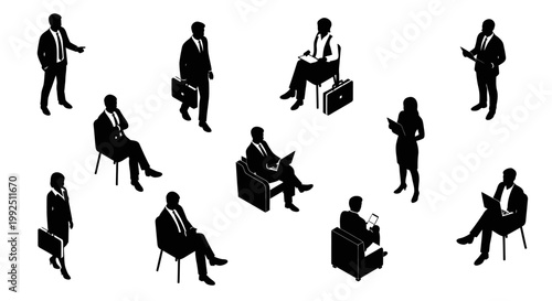isometric black silhouette people vector set of corporate workers businessmen and businesswomen in various poses.