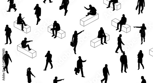 isometric black silhouette people vector pattern of a diverse business crowd walking sitting and communicating.