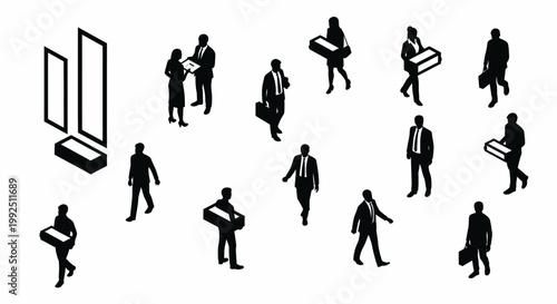 isometric black silhouette people vector set of office workers during layoff downsizing or career change.