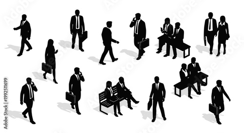 isometric black silhouettes of business people in a meeting and walking