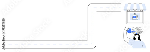 Online shopping, e-commerce, consumer behavior, retail pathways, digital commerce, transaction processes. Human thinking of goods reaching a store. Online shopping and e-commerce portrayed visually