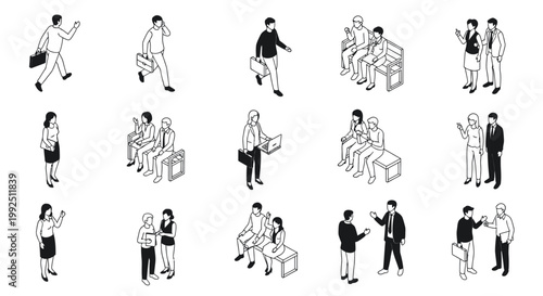 isometric business people vector set featuring characters in various corporate actions and work scenarios.