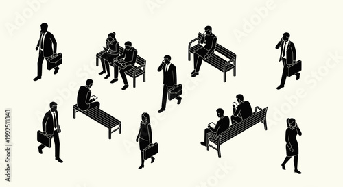 isometric business people vector set showing corporate professionals walking commuting and using mobile technology.