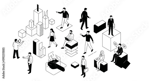 isometric business people vector set with professionals working and commuting in an abstract minimalist city.
