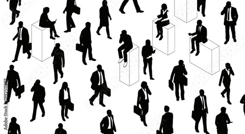 isometric illustration of a crowd of business people silhouettes networking in a modern corporate environment