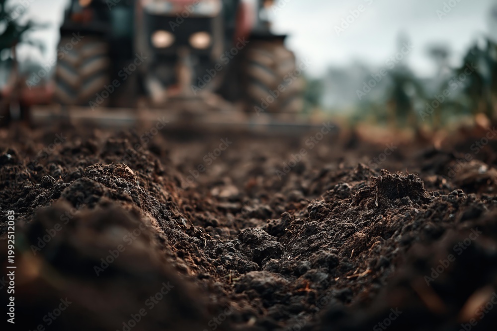 Fototapeta premium Tractor plowing a field, close-up of fertile soil in the foreground