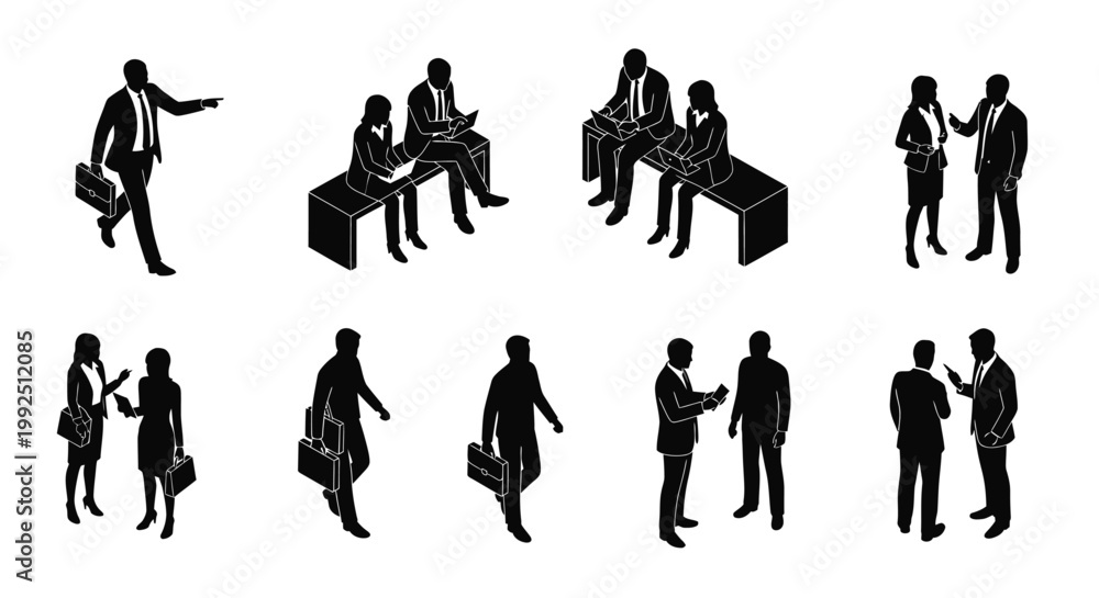 Obraz premium business people communication isometric silhouette set showcasing professionals collaborating and discussing in various corporate scenes