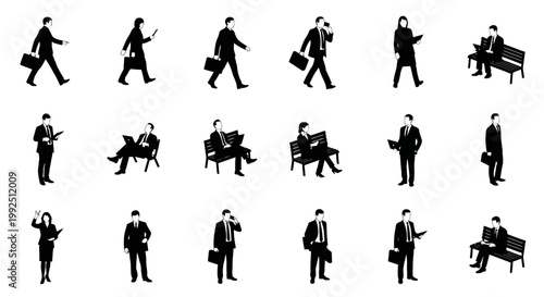 isometric vector set of black silhouettes showing business people in various work and commuter poses.