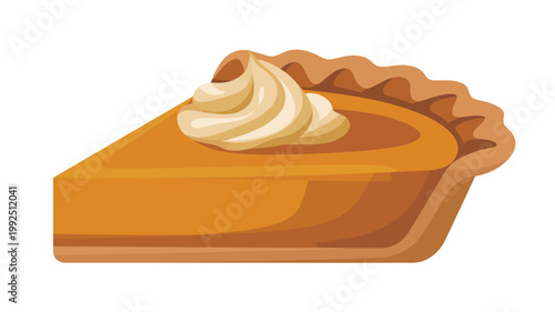 A slice of pumpkin pie with whipped cream on top against a white background