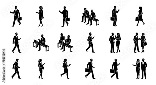 silhouette of diverse business people in various work and leisure activities