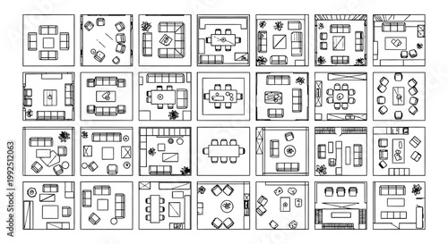 various interior design floor plan layouts with furniture and decor top down view