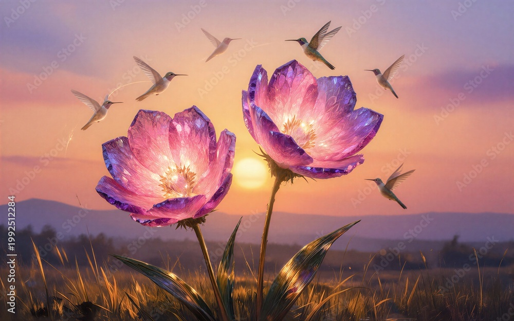 Fototapeta premium Magical hummingbirds dance around glowing purple flowers at golden