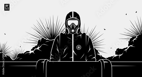 person in hazmat suit with gas mask by industrial pipeline in desolate landscape symbolizing environmental pollution and chemical hazard
