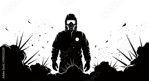 person in a hazmat suit with a gas mask stands in a hazardous environment amidst explosions symbolizing crisis and danger.
