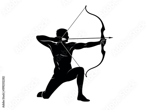 A black silhouette of a man in a dynamic pose aiming a bow and arrow