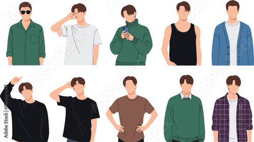 Illustration of Stylish Male Figures in Various Poses and Outfits for Fashion, Lifestyle, and Character Design