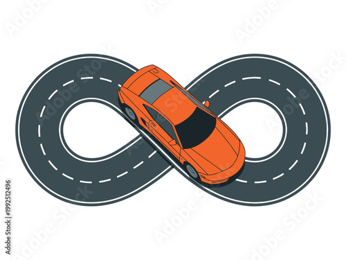 An orange car drives on an infinite road loop in a stylized illustration