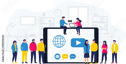 Digital Communication Illustration with People, Tablets, and Online Interaction Icons for Technology and Social Media Designs